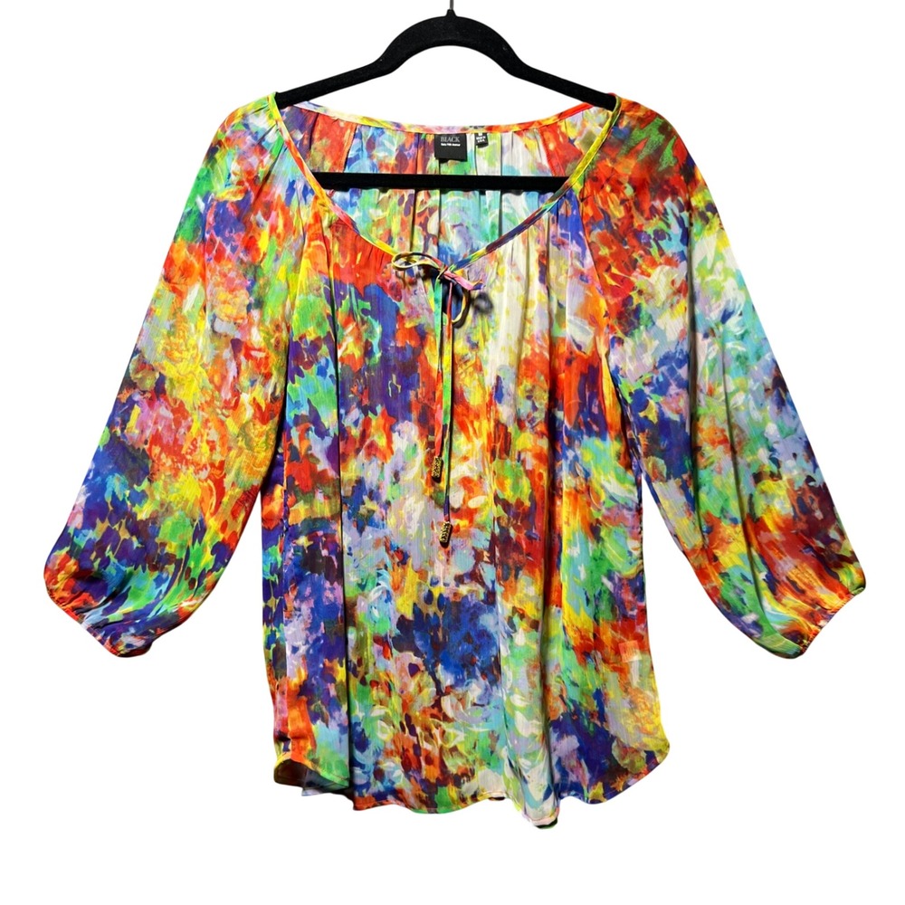 Black‎ Label Saks Fifth Avenue Sheer Top M Abstract Colorful Peasant Blouse